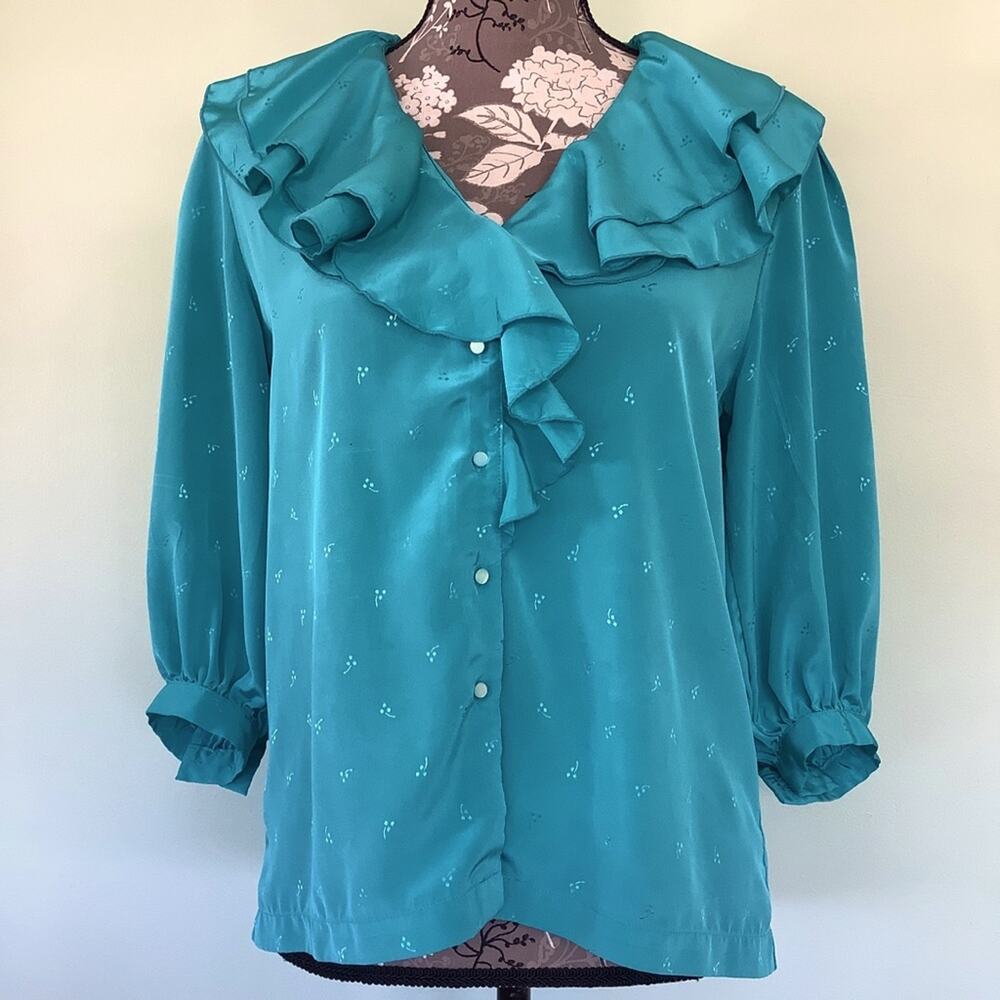 Vintage Liz Claiborne Button Up V Neck Ruffle Blouse Embossed Turquoise